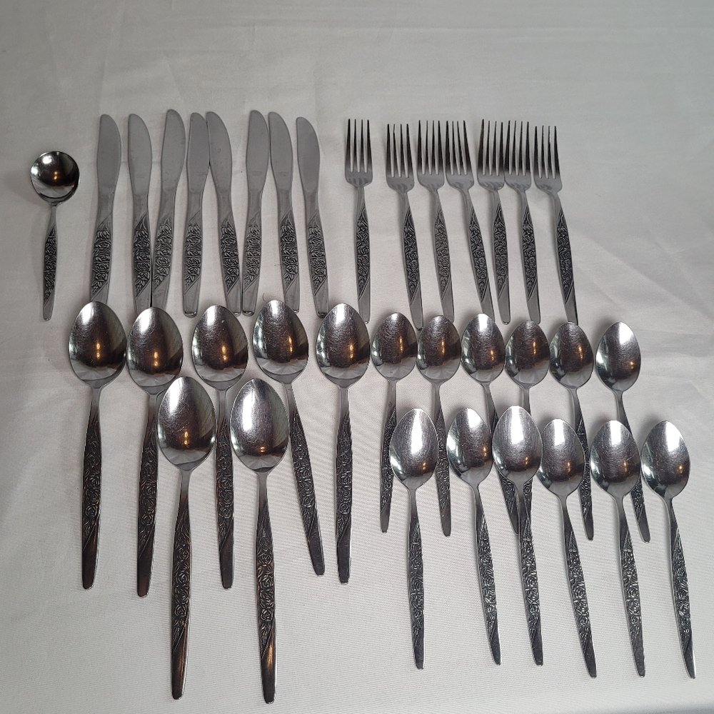 Vintage Lot Of 35 National Stainless Caress Rosevine Forks Spoons Knives Korea